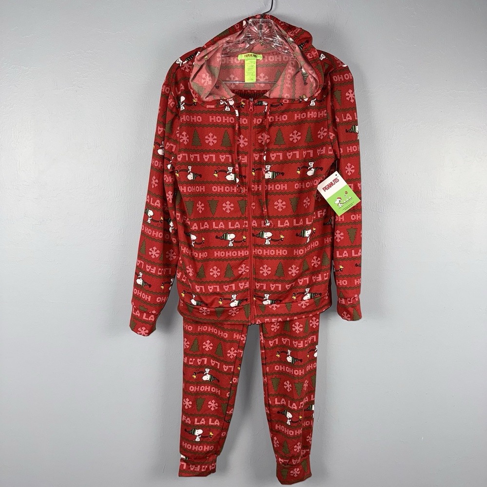 Peanuts Pajama Set Women's M Red Snoopy Woodstock Christmas Hooded Full Zip